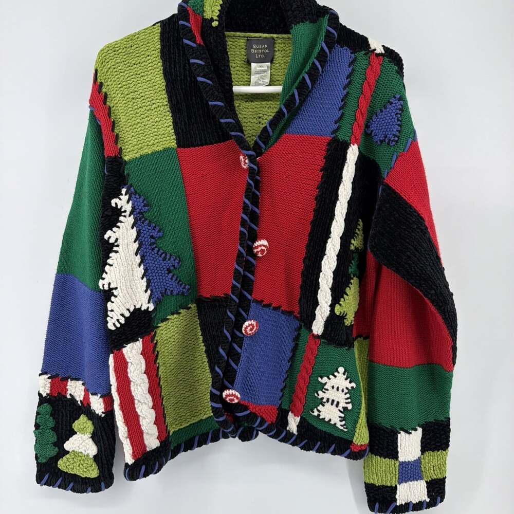 VTG Susan Bristol Womens XL Multi Colored Knit Patchwork Christmas TreeCardigan